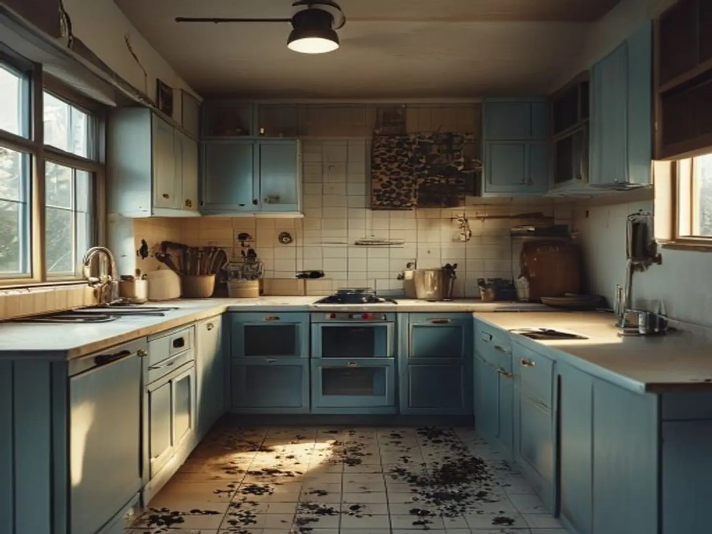 Worn kitchen before refit, with chipped units and dated tiling