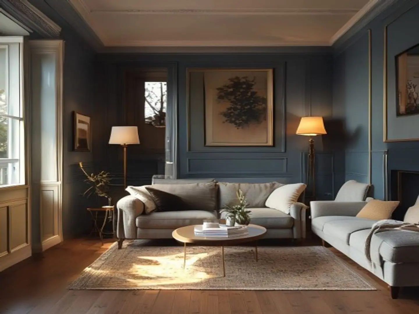 The same living room after renovation, with fresh finishes and new flooring